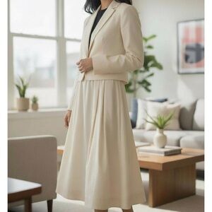 Elegant Creamy Yellow Wool Vintage Handmacher Midi Skirt and Blazer Set